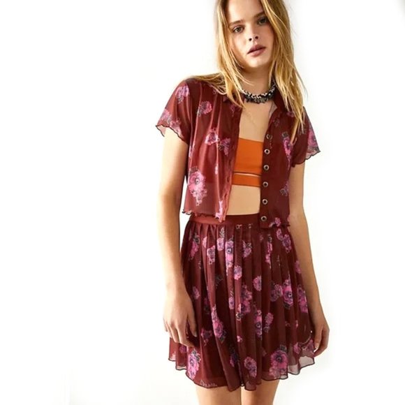 NEW Free People Florence Floral Mesh Pleated Mini Skirt & Crop Shirt 2-PC Set XL - Picture 6 of 6